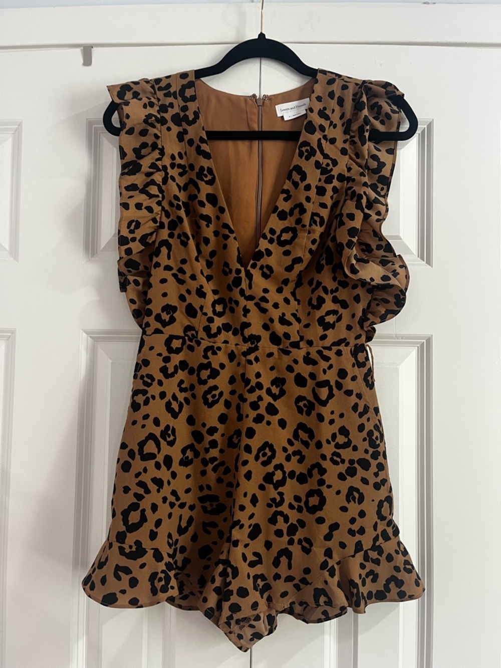 Leopard Print Ruffle V-Neck Romper- Camel/Black